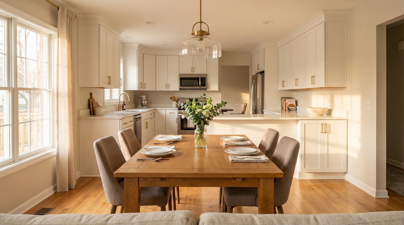 A professionally staged dining room and kitchen with warm transitional styling