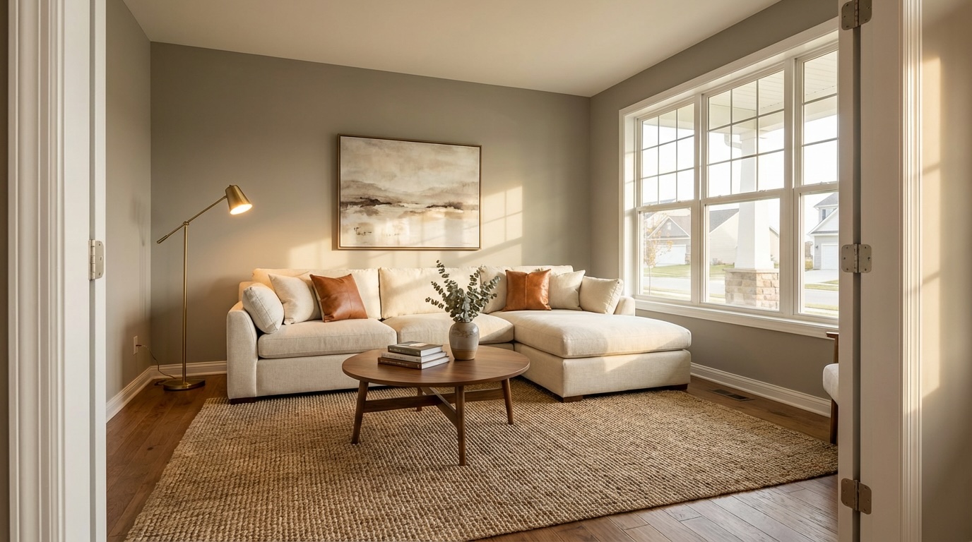 A professionally staged living room with warm transitional styling, neutral tones, and natural light